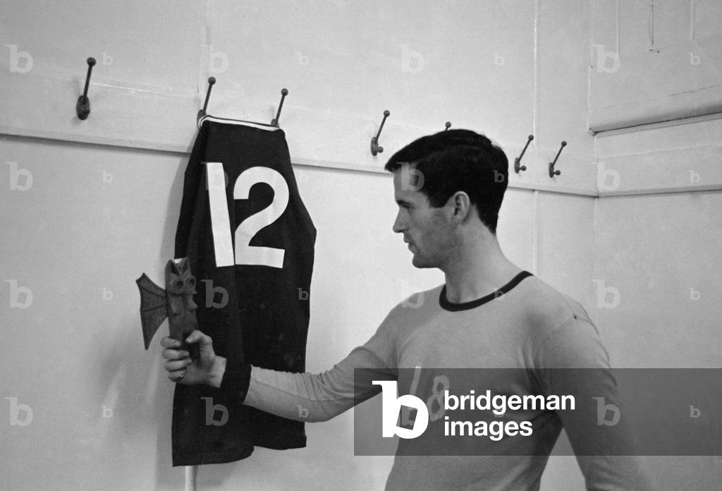 Chelsea footballer George Graham in the dressing room at Stamford Bridge with the number 12 shirtAugust 1965 (photo)
