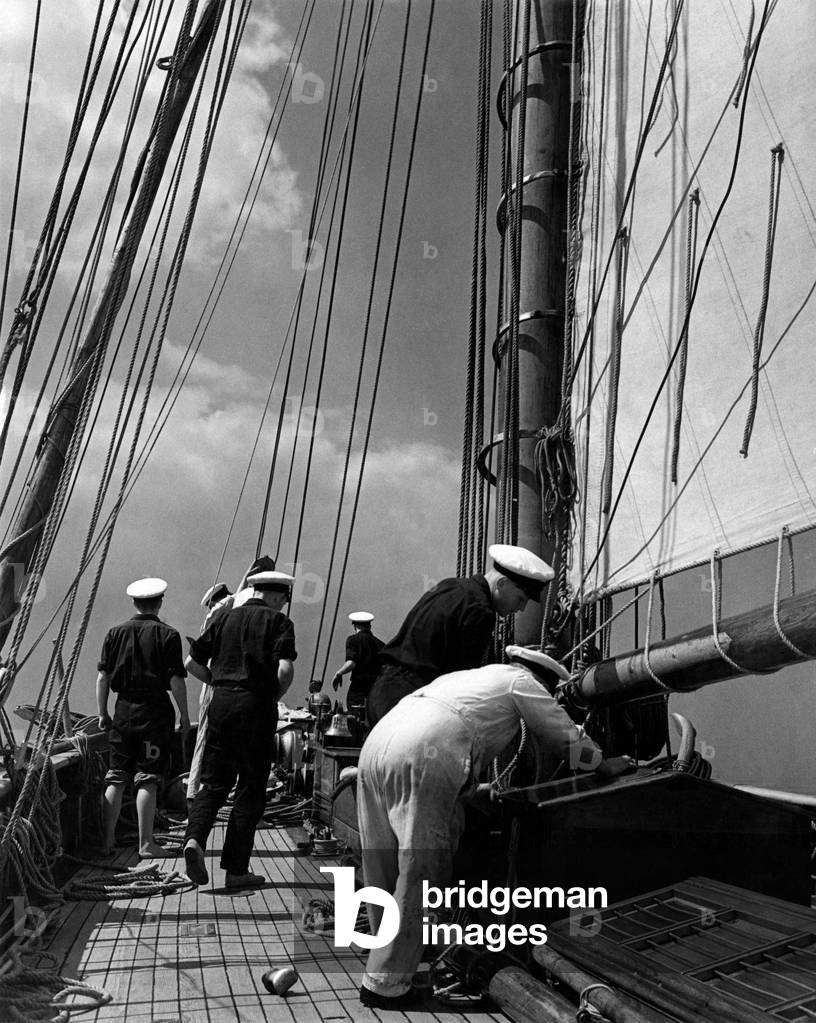 Preparing to set the staysail. May 1948