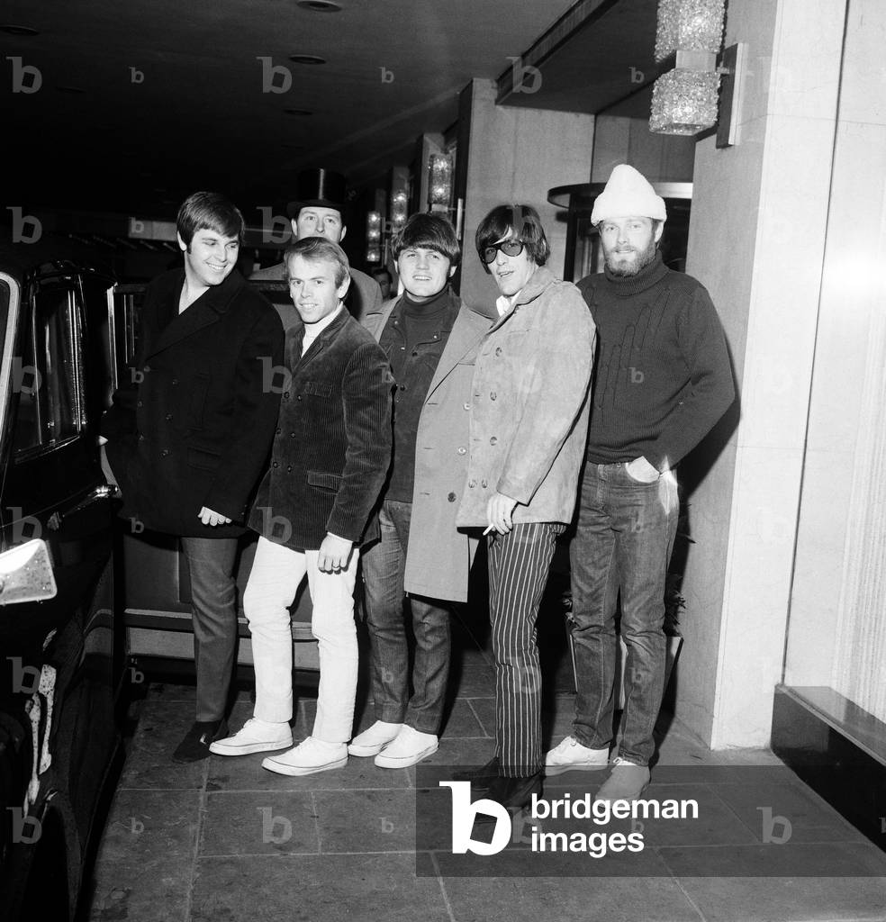 The Beach boys, Carl Wilson, Al Jardine, Bruce Johnston, Dennis Wilson and Mike Love, arrived in London yesterday for a week's tour. Carl Wilson was reported last week to have been refused permission to visit Britian because he was accused of failing to report for US Army duty. 5th May 1967 (b/w photo)