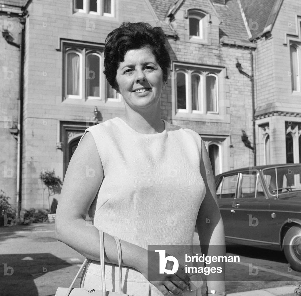 Miss Betty Boothroyd, prospective Labour Councillor for Nelson and Colne, pictured outside the Spring Bank Hotel, Nelson. 2nd July 1968 (b/w photo)