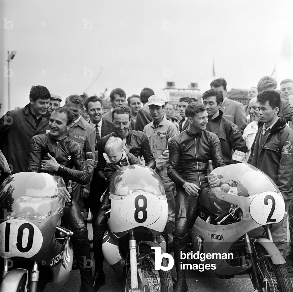 TT Races 250cc Lightweight International. Frank Perris, Mike Duff and winner Jim Redman after the race. 14th June 1965 (b/w photo)
