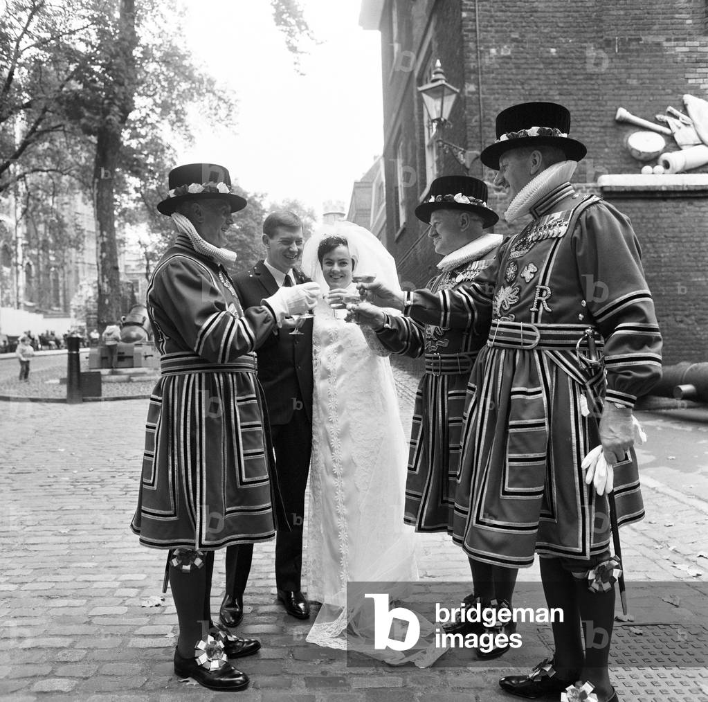 Wedding Day of secretary Jennifer Mary Jones & motor mechanic James Baker at the Tower of London, Saturday 20th October 1968 (b/w photo)