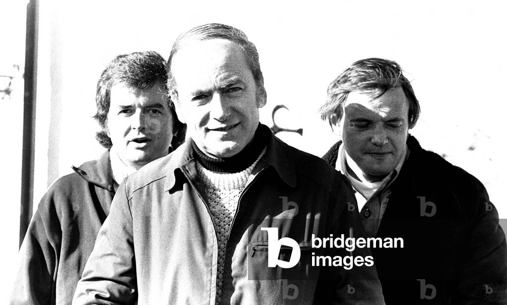 Actors Rodney Bewes and James Bolam of 'Whatever Happened To The Likely Lads' pictured on location in Tyneside with television producer and head of comedy at the BBC, James Gilbert. 12th October, 1973 (b/w photo)