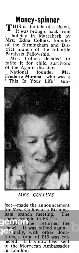 A cutting from the Birmingham Post & Mail relating to Mrs Edna Collins who was the founder of the Birmingham branch of the Infantile Paralysis Fellowship (IPF). Article dated 5th April 1960 (b/w photo)