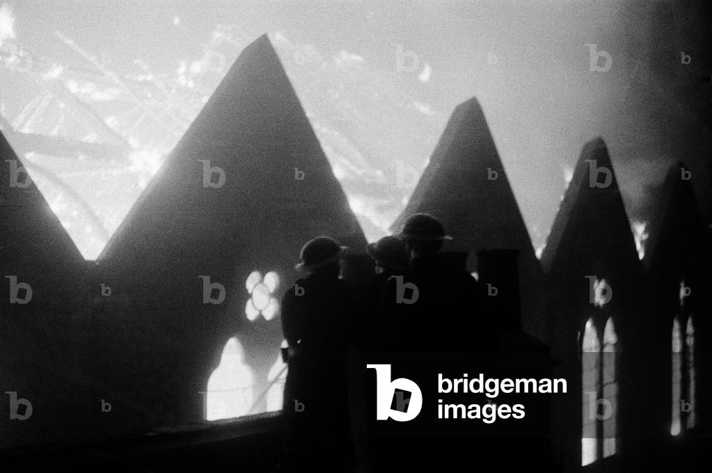 Fires raging inside St Saviour's Church, Medway St, Westminster, 14th March 1944 (b/w photo)