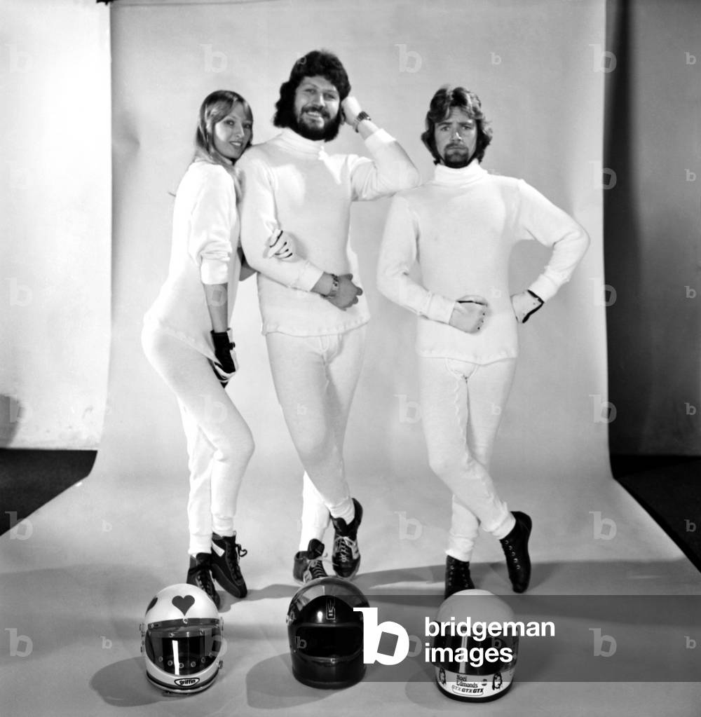 A Fireproof Combination. Noel Edmonds, Dave Lee Travers, Maureen Lynn, February 1975(b/w photo)