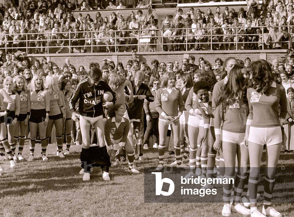 Thirty gorgeous girls took over from the heavy mob at the London Irish ground at Sunbury on Thames, 30th September 1974 (b/w photo)