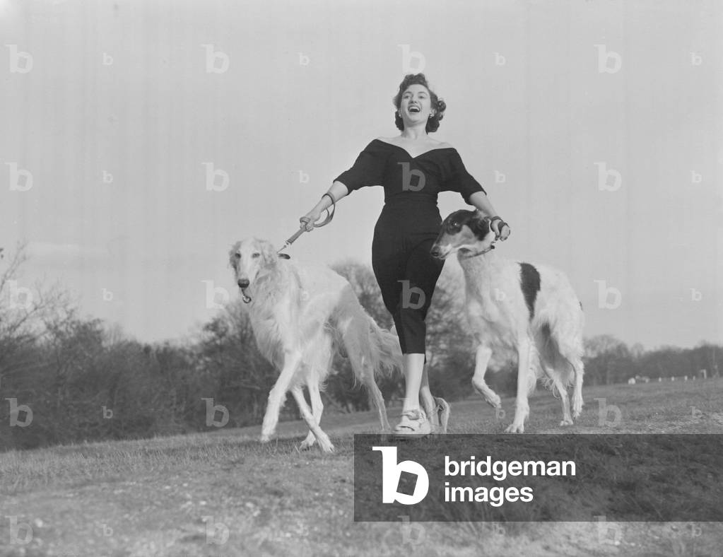 Zene Maishall, film actress, with Barzois dogs 