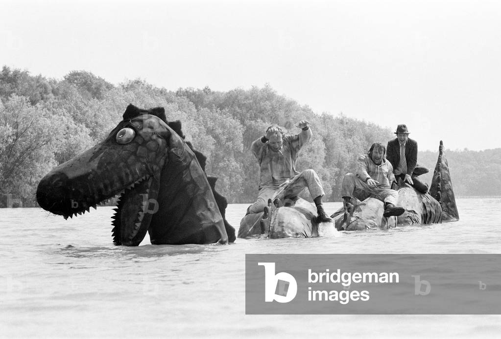 The Goodies, filming of The Loch Ness Monster, on the Lido at Ruislip, Thursday 3rd June 1971 (b/w photo)
