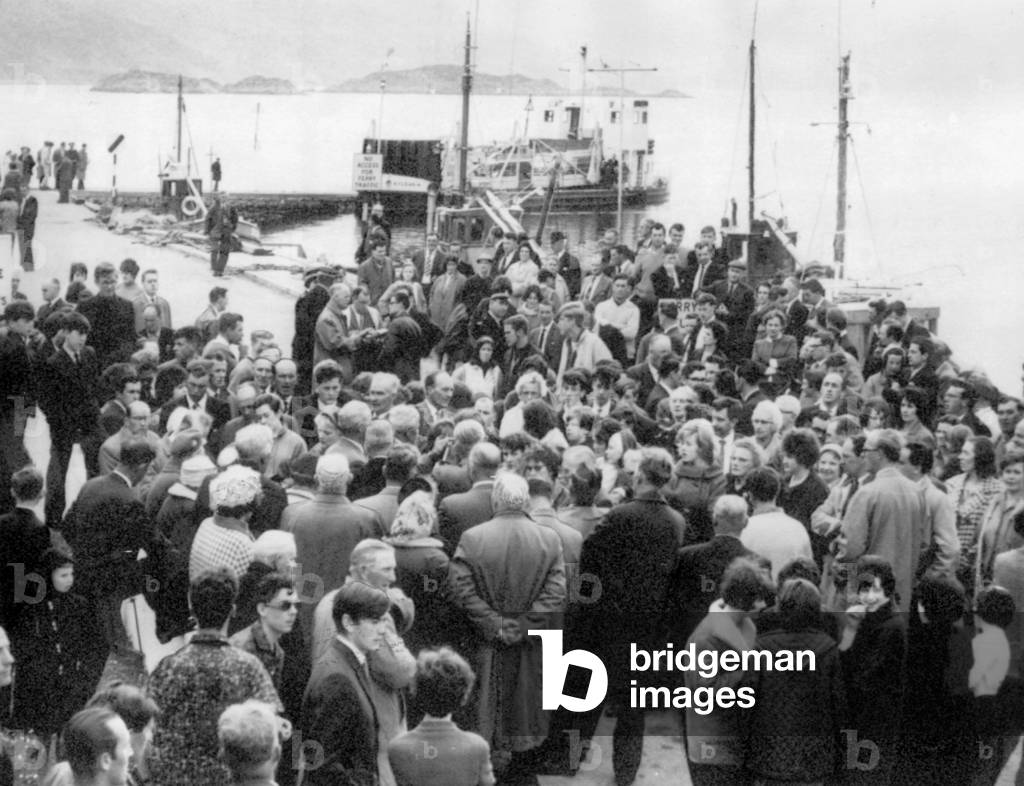 Protestors in Kyleakin on the Isle of Skye demonstrate against Sunday ferry service, which they believe is in breach of the sabbath June 1965 (b/w photo)