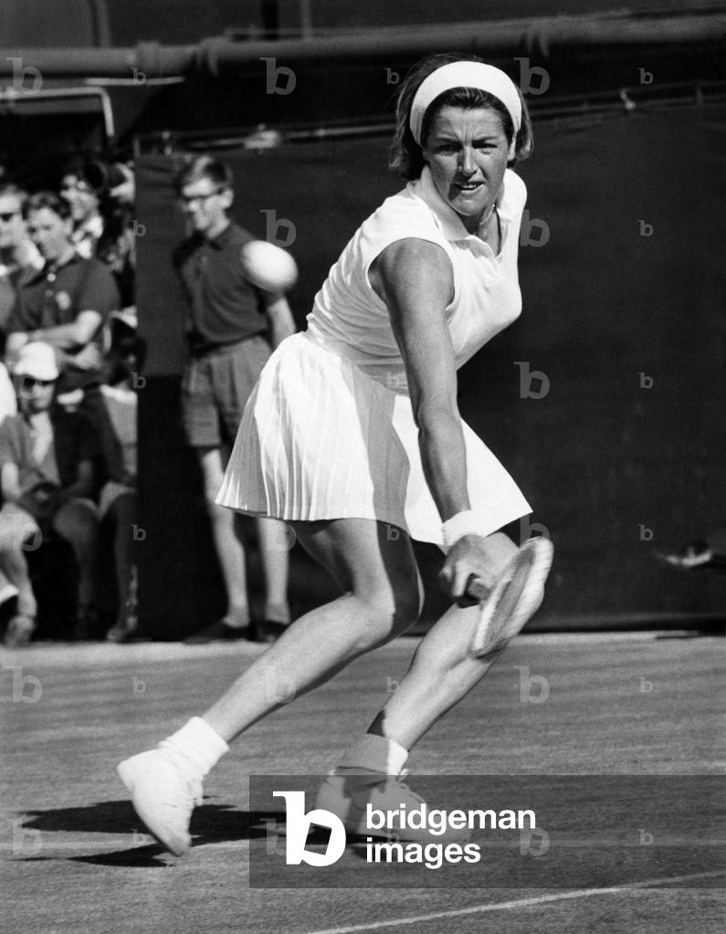 Margaret Court in play against Judy Heldman on the centre court at Wimbledon. June 1969