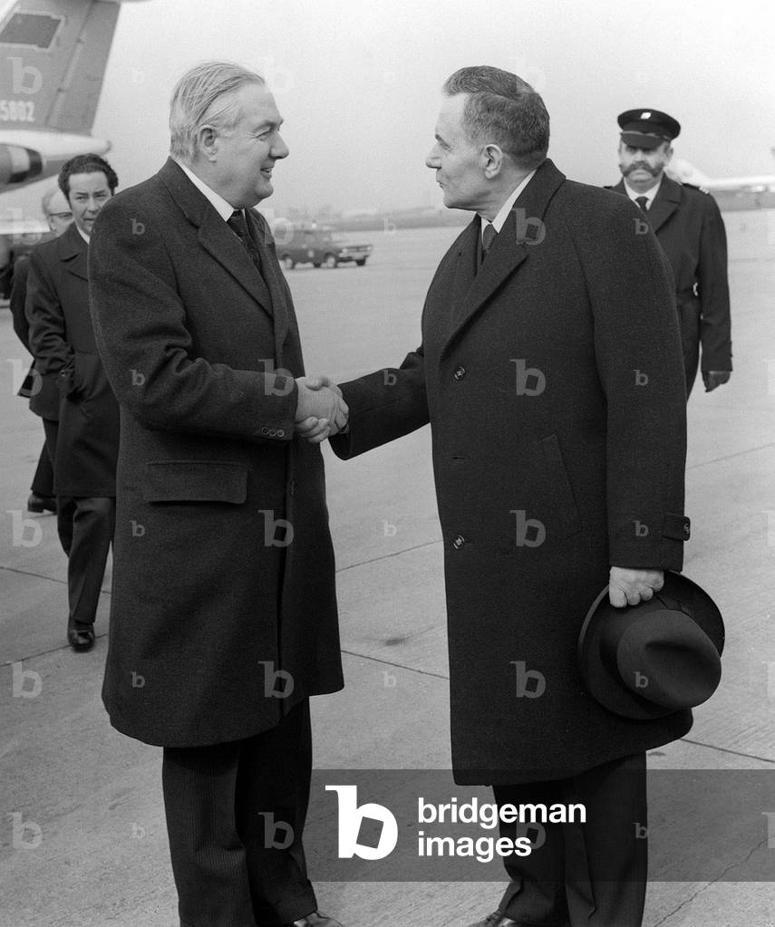 Prime Minister James Callaghan MP with Soviet Foreign Minister Andrei Gromyko at Heathrow Airport, March 1976 (b/w photo)