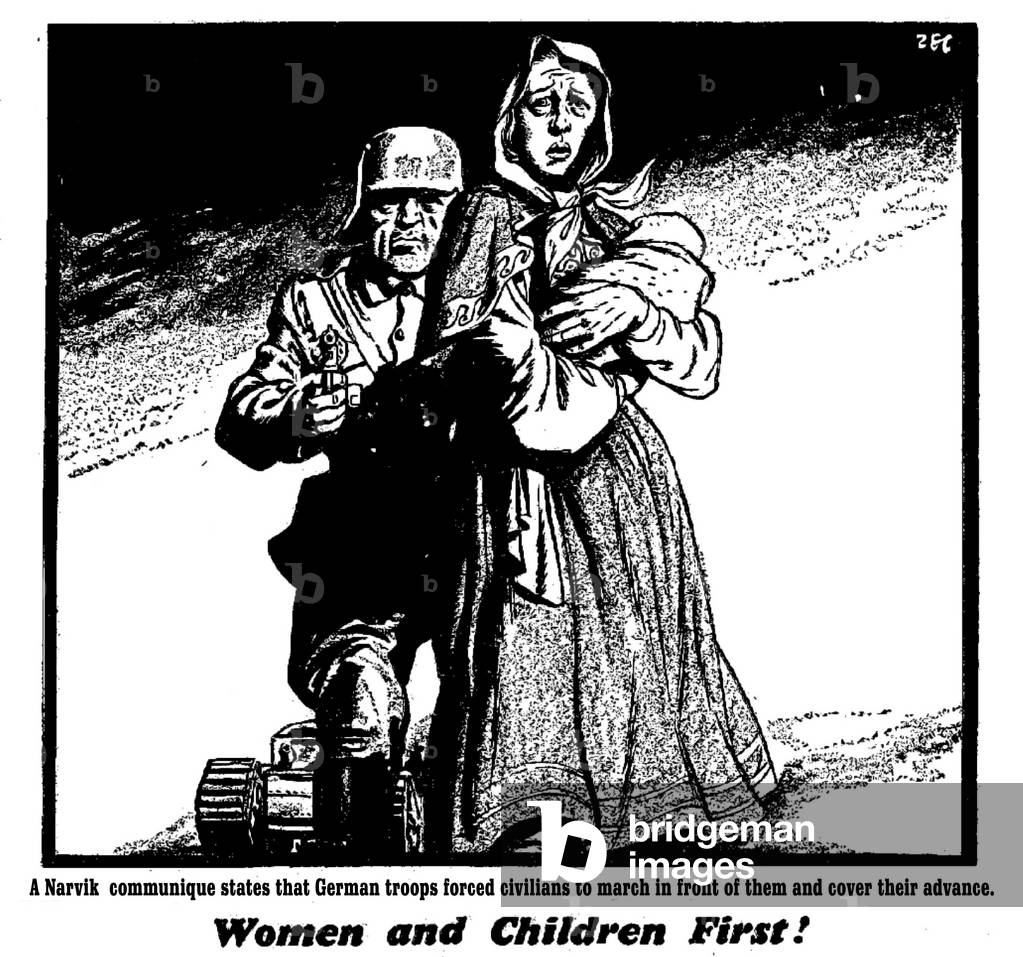 A Narvik communique states the German troops forced civilians to march in front of them to cover their advance. Women and Children First, 30th April 1940 (b/w illustration)