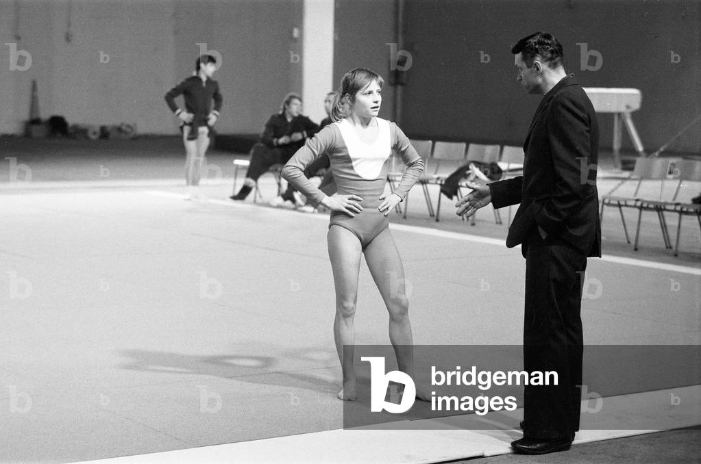 Olga Korbut, Olympic Gymnast, training with Soviet Union Gymnastics Team, at Earls Court, London, 5th May 1973 (b/w photo)
