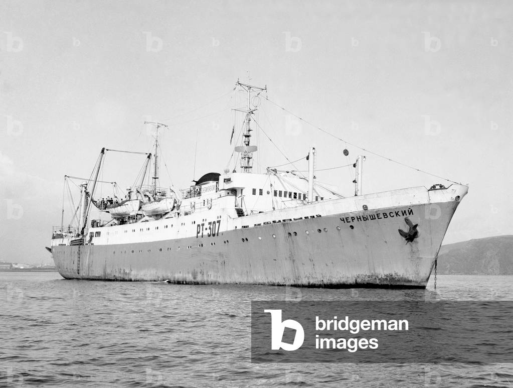 The Russian fishery ship 'Chernyshevsky' lying at anchor in Plymouth Sound after being 'arrested' by British authorities. 18th April 1963 (b/w photo)