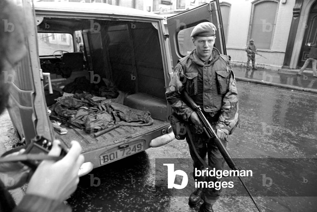 Northern Ireland Belfast July 1972. Army hold 16 U.D.R. men who were stopped with two vans containing arms. July 1972 72-7409