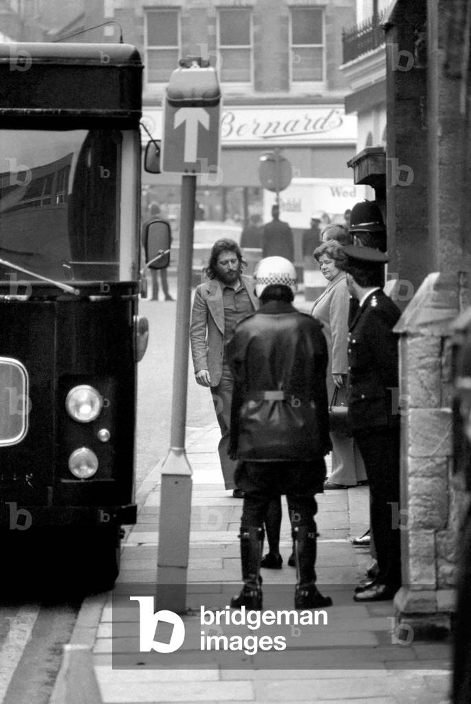 Guildford Bomb court case. John Joseph Mullin age 22 as he leaves the Guildford court a free man yesterday. Mullin lives at Rondu Rd, Cricklewood, London. He had a charge against him of conspiring to cause explosions in the greater London area, February 1975 (b/w photo)