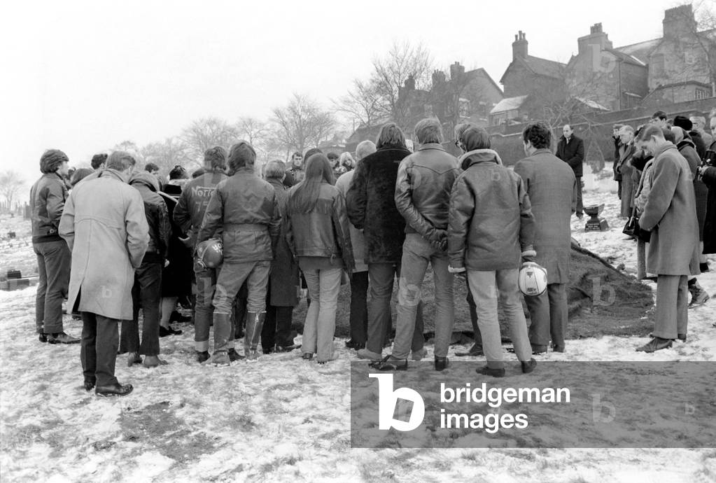 Ton-up boys attend Funeral of their mate. The ton-up boys attending the Funeral at Tunstall Cemetery and St. John's Church Kidsgrove en route
December 1969