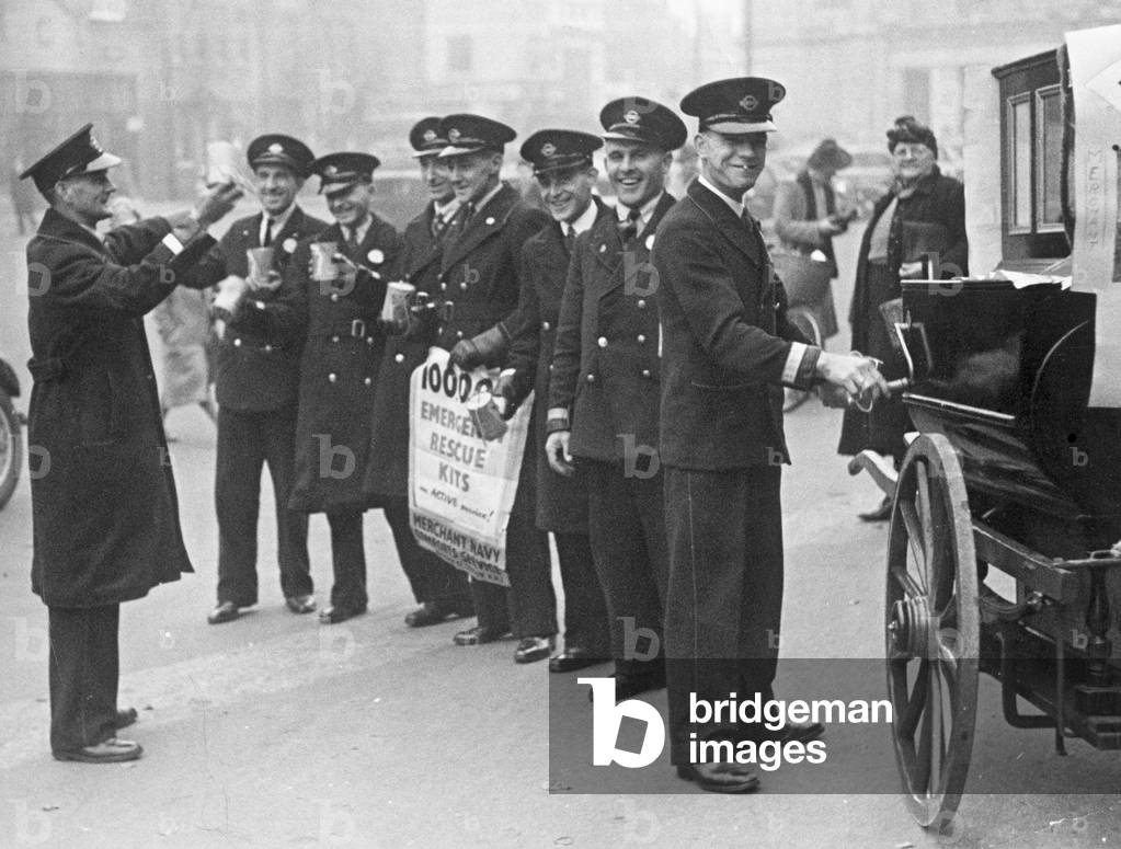 London Transport bus drivers barrel organ campaign to help the Merchant Navy Comforts Service.
 Some of the drivers who are giving performances in their off-duty hours and collecting for the fund at St Albans during the Second World War
 October 1944