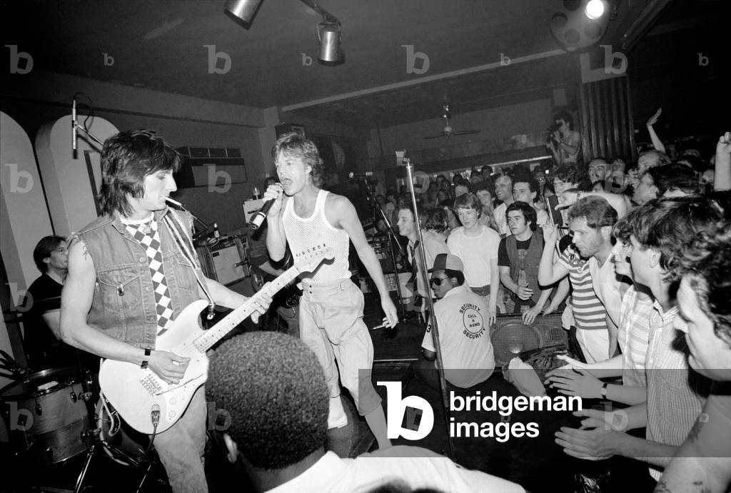 Mick Jagger and Ronnie Wood at London's 100 Club on 31 May 1982 when the Rolling Stones played a surprise low key gig for invited fans prior to their Eurpean tour.