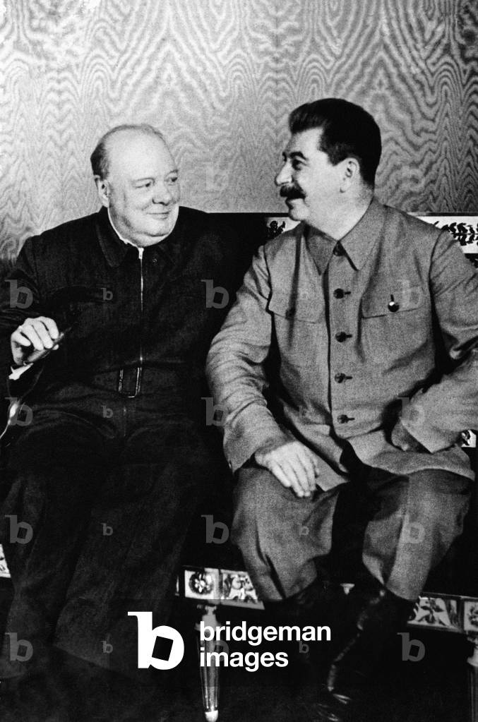 British Prime Minister Winston Churchill with Soviet leader Josef Stalin in Moscow, August 1942 (b/w photo)