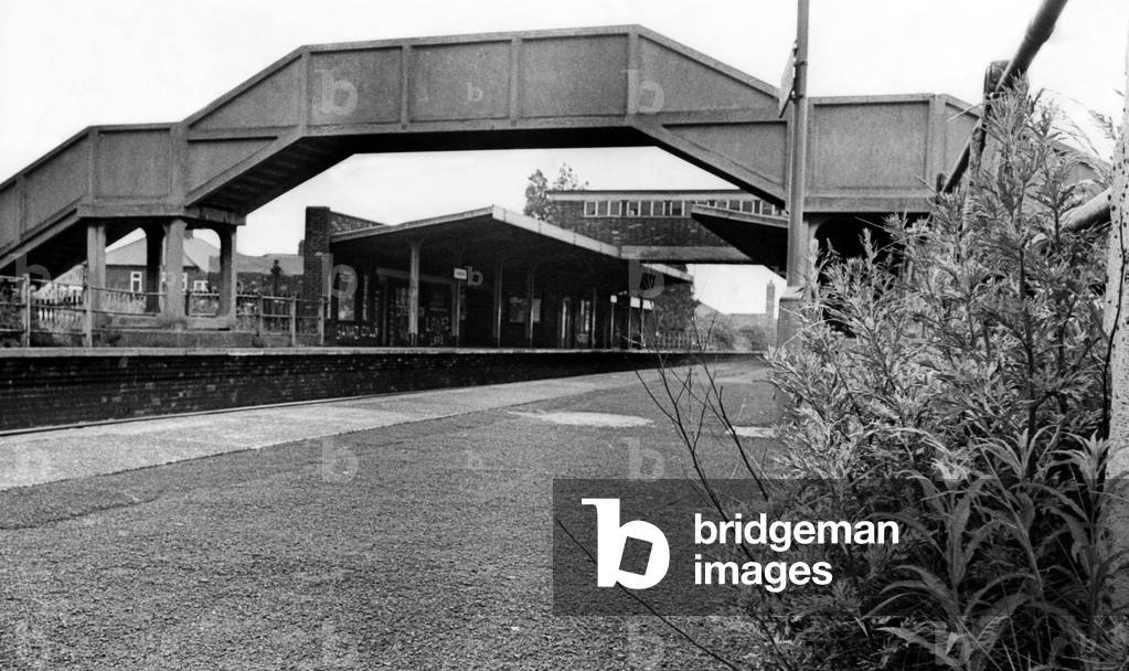 A general view of the derelict and vandalised Longbenton Railway Station on 10th July 1977 (b/w photo)