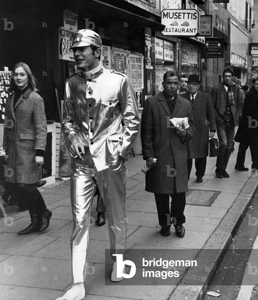 Clothing: Fashion: Menswear Suits: Girls have been going wild about silver so it was inevitable that someone would want to produce a silver suit for men. November 1966 (b/w photo)