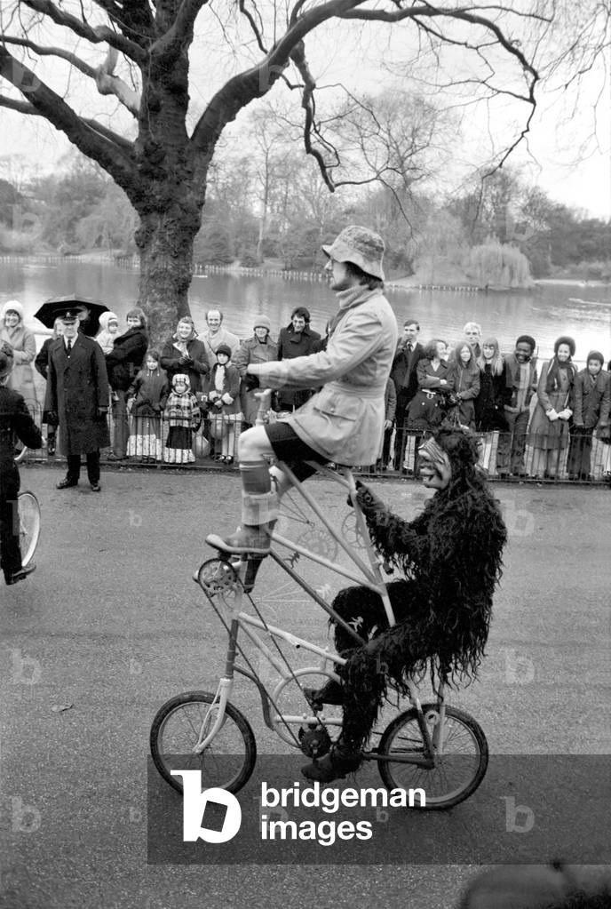 Gentleman in fancy dress seen here riding an unusual tandem bicycle in the Easter parade, Battersea Park, March 1975 (b/w photo)