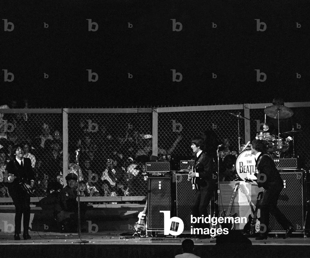 The Beatles in concert at the Cow Palace, San Francisco, California, USA, Wednesday 19th August 1964 (b/w photo)