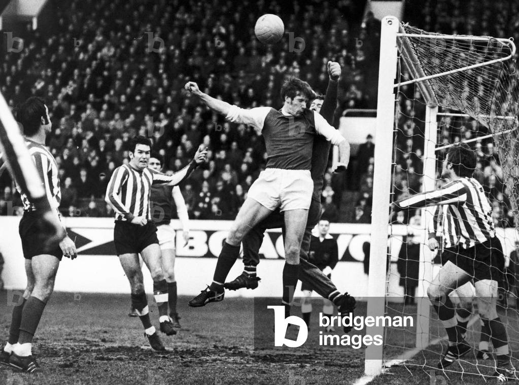 Sheffield Wednesday 0-0 Southampton, league match, Saturday 28th December 1968. Gurr, Southampton keeper, manages to punch the ball away from a Wednesday corner kick (photo)