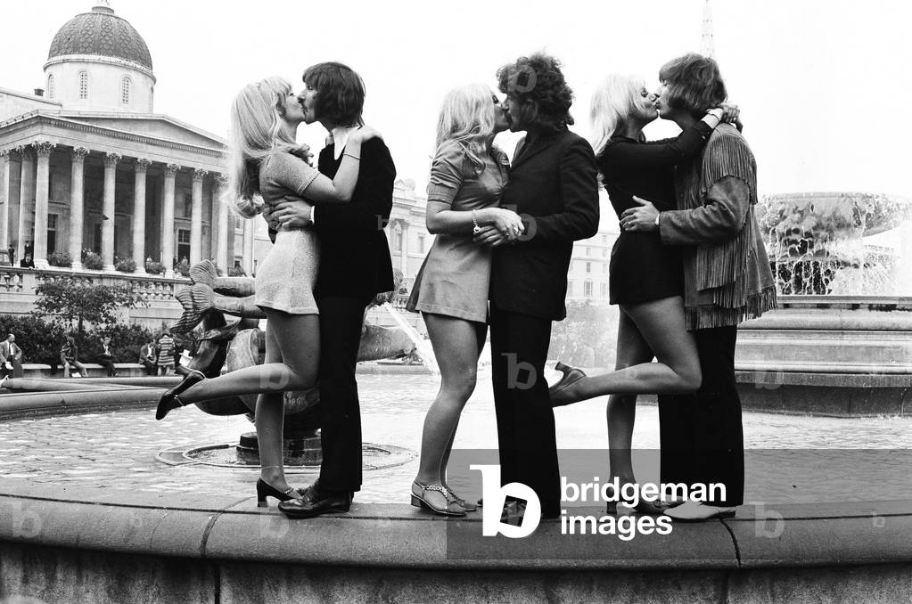 Three of the Tremeloes pop group who are to be married - L/r Carol Dilworth with bass guitarist Chip Hawkes, Lyn Stevens with Alan Blakley, and Dave Munden and Andree Wittenberg. 11th September 1969 (b/w photo)
