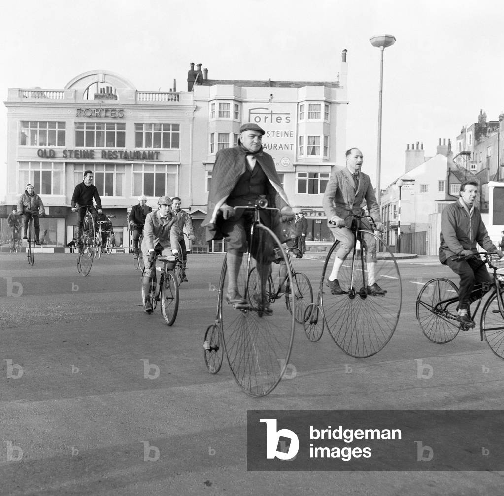 London to Brighton Bike Ride, cyclists arrive at Brighton, East Sussex. 9th February 1969 (b/w photo)