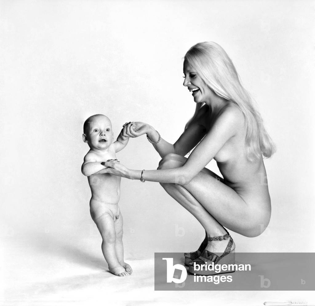 Model Flanagan with son J.J, February 1975 (b/w photo)
