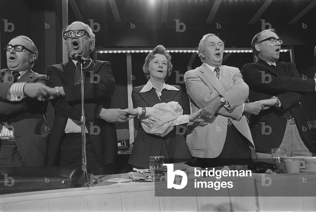 Ian Mikado, Barbara Castle and Harold Wilson join hands to sing Auld Lang Syne, 1975 Labour Party Conference, 1975 (b/w photo)