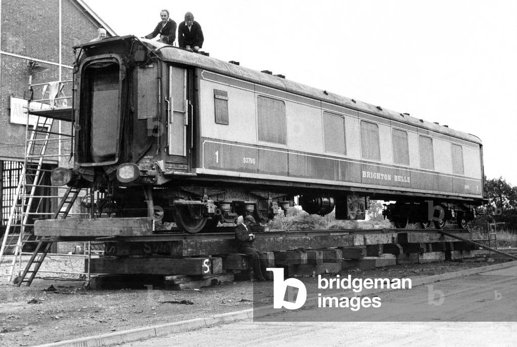 Hazel is a railway coach built in 1932 by the Pullman Car Company, and was used on the Brighton Belle from 1933 which has recently been axed by British Rail, 26/08/1972 (b/w photo)