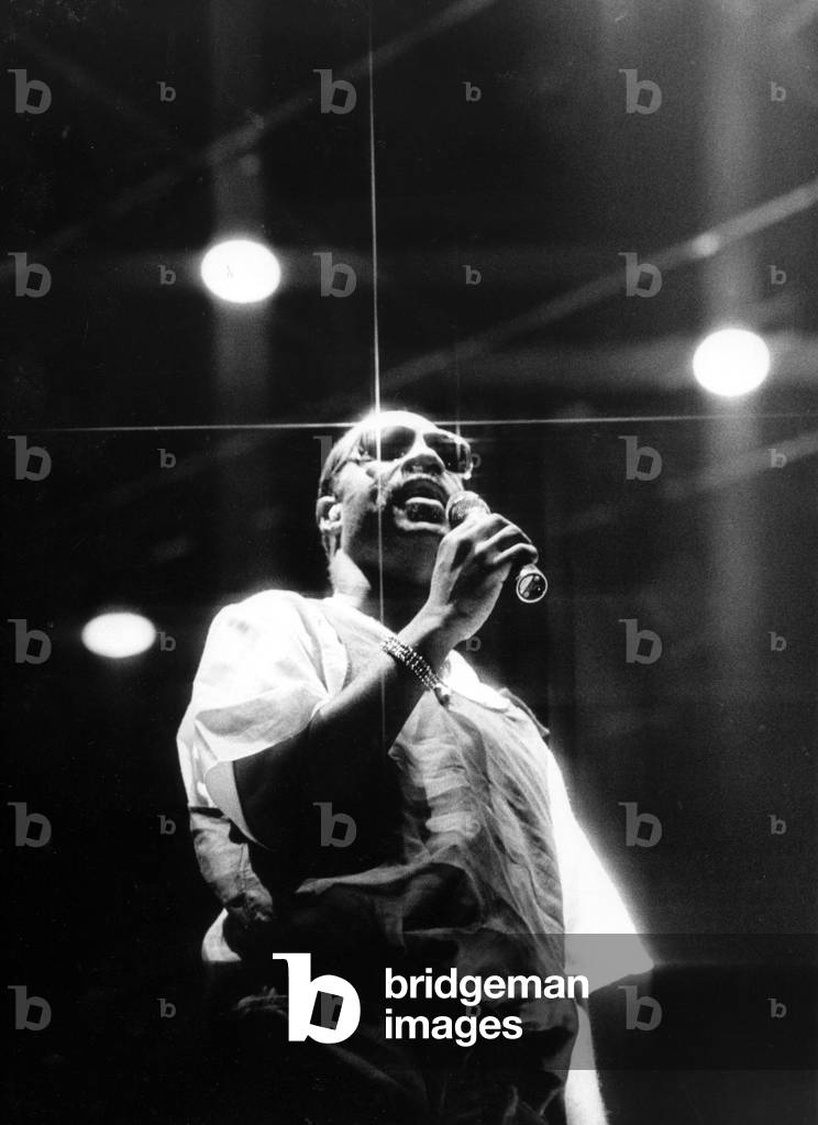 Stevie Wonder performs at the NEC, Birmingham. 20th June 1984 (b/w photo)