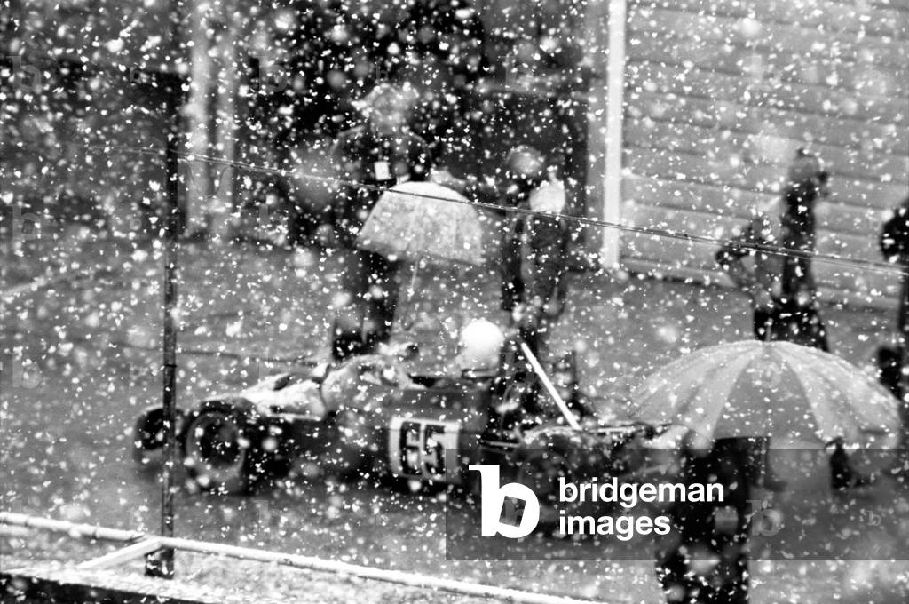 A snow storm hit Brands Hatch today just as the motor racing meeting was getting underway - it was finally decided to cancel the meeting after two attempts to get practice sessions started, December 1977 (b/w photo)