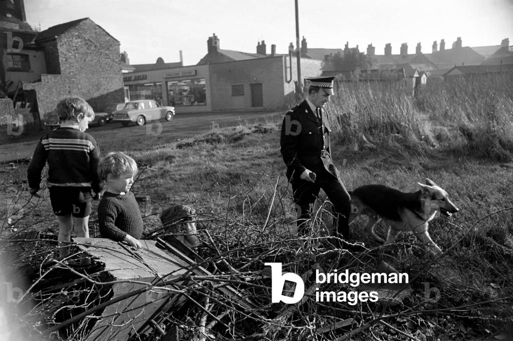 Police man and dog search for a man on the run at Droylsden. 
December 1969
