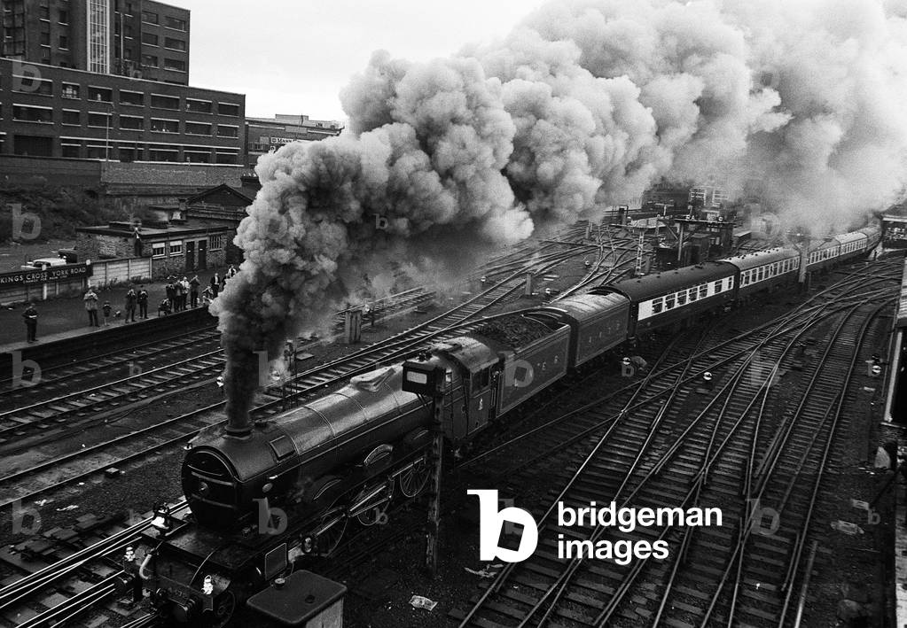 The Flying Scotsman steam train locomotive 1969 seen here departing Kings Cross on the East Coast Line, 1969 (b/w photo)