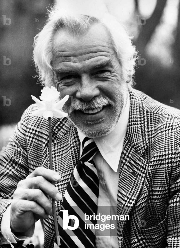 Lee Marvin American actor holding daffodil 1975 (b/w photo)