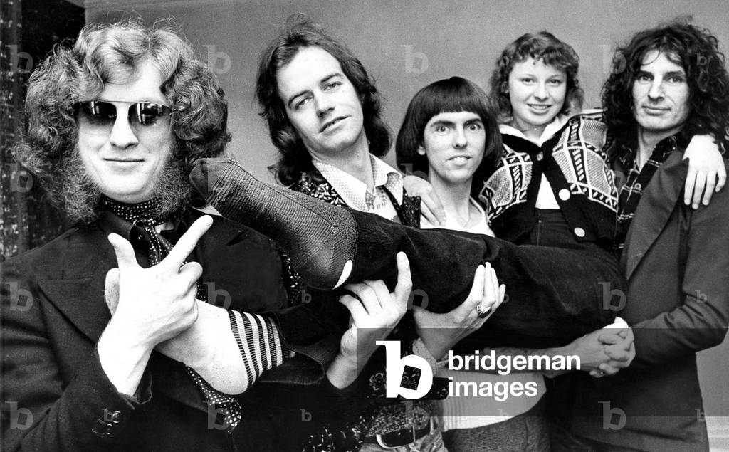The members of Slade with Christine Farrage who was injured by a convoy of cars carrying the group in Newcastle, c. 1970