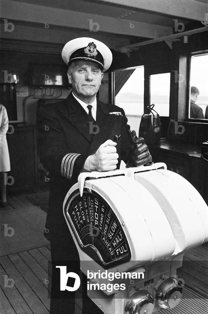 Captain John Treasure Jones aboard the Queen Mary, during the Cunard White Star liner's last Atlantic run. 27th September 1967 (b/w photo)