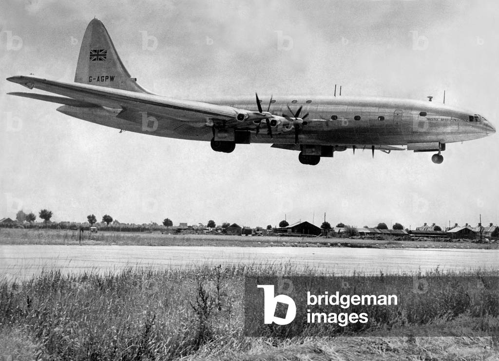 The prototype Bristol Brabazon (Type 167) was a large airliner, designed to fly transatlantic routes from the United Kingdom to the United States. The aircraft never made it into production but did however provide many advancements for the developement of the Bristol Britannia, c. 1949 (b/w photo)