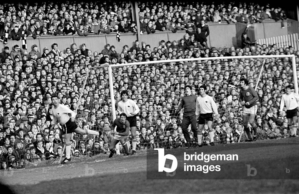 Derby v. Nottingham Forest. Dave Mackay heading clear. December 1969 (photo)