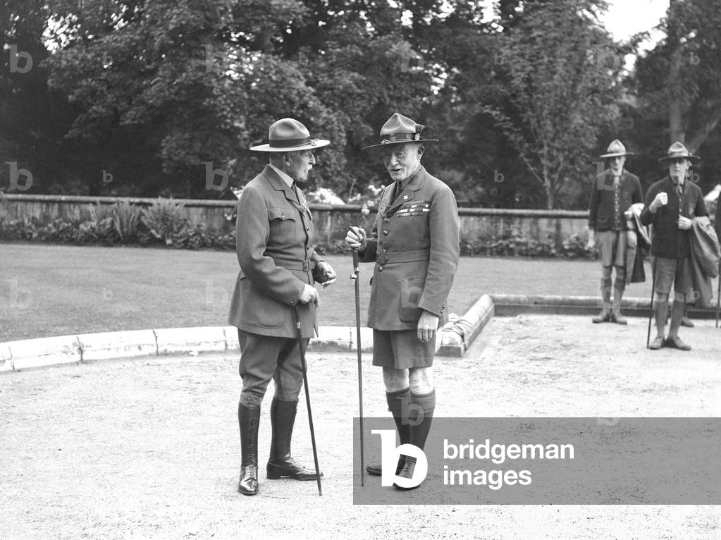 Lord Robert Baden-Powell, founder of the Scout Movement, pictured with the Duke of Connaught, attending the World Scout jamboree at Arrowe Park, Birkenhead in Merseyside. Circa August 1929 (b/w photo)