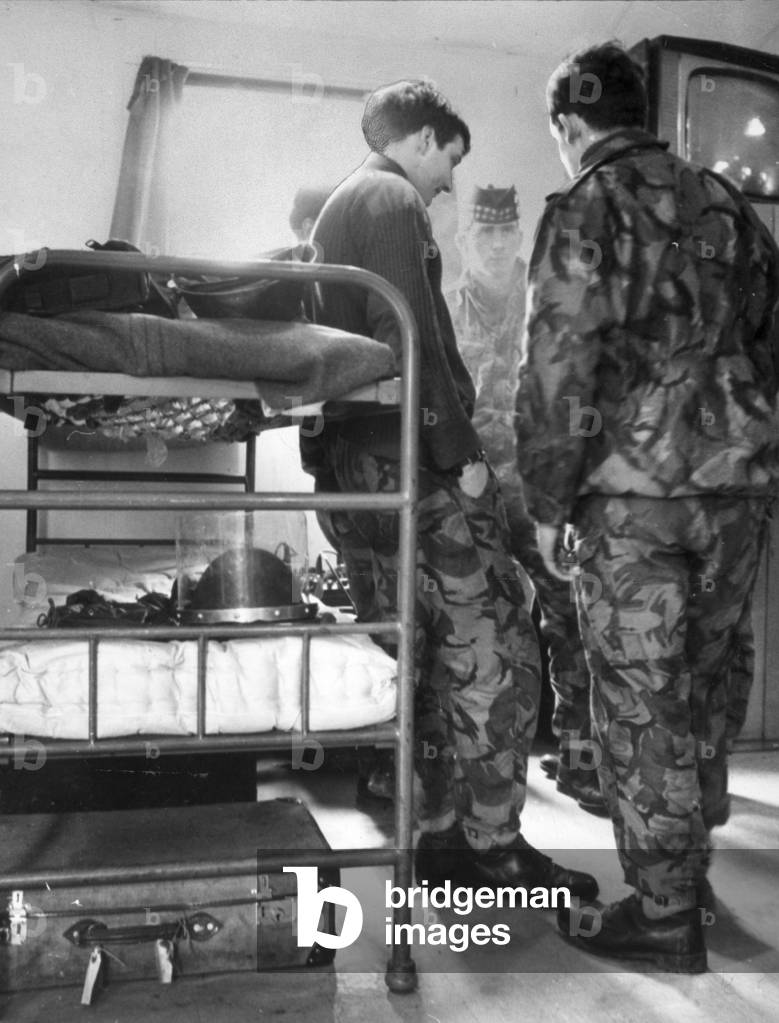 Dugal McCaughey's gear lies on his empty bunk. John McCaig 17 his brother Joseph McCaig 18 & Dugald McCaughey 23 were shot dead in Ulster, March 10th 1971