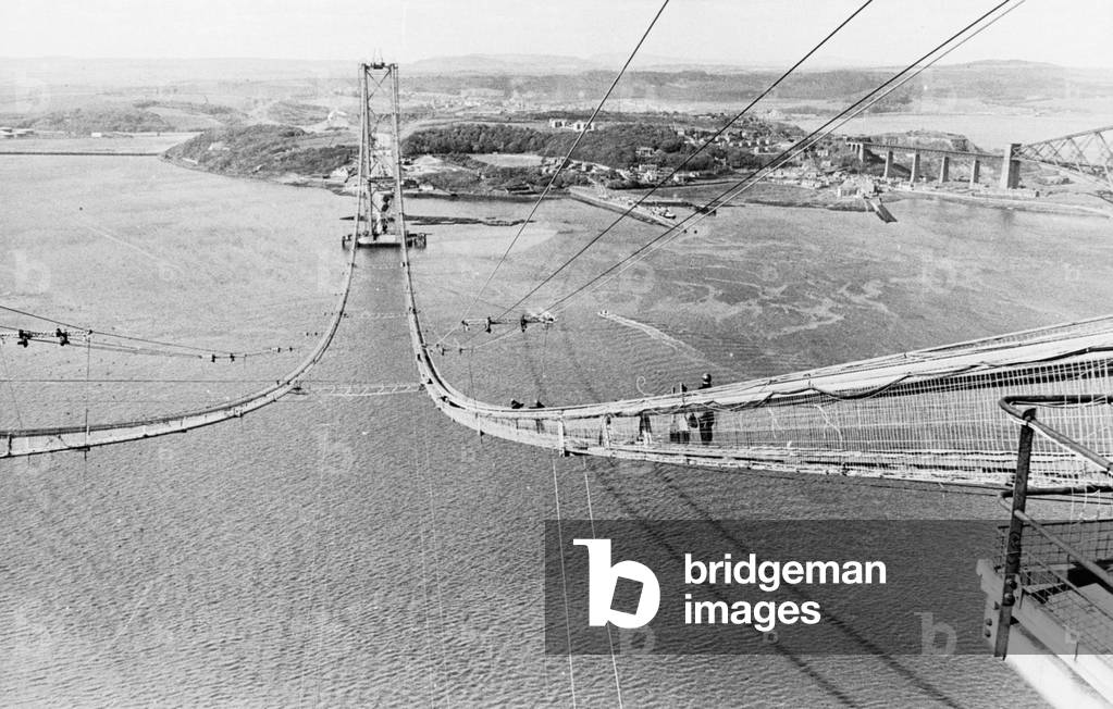 Forth Road Bridge construction June 1962
Wires across river workmen on catwalk