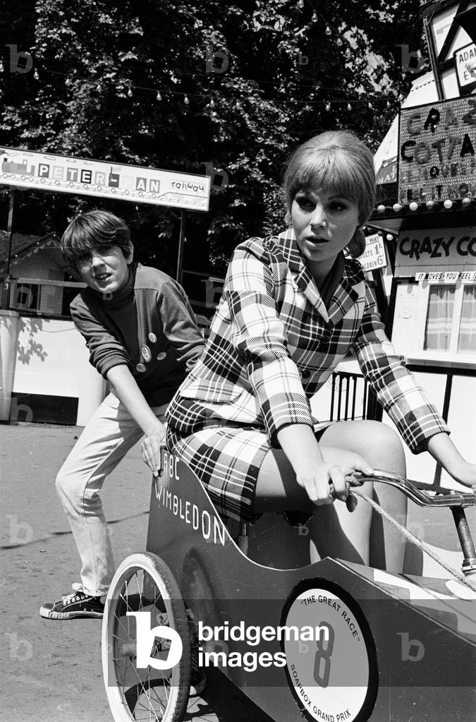 Susan Denberg, actress and special guest to launch and present prizes at the Soapbox Grand Prix 1966 at Alexandra Palace, London, 14th August 1966.