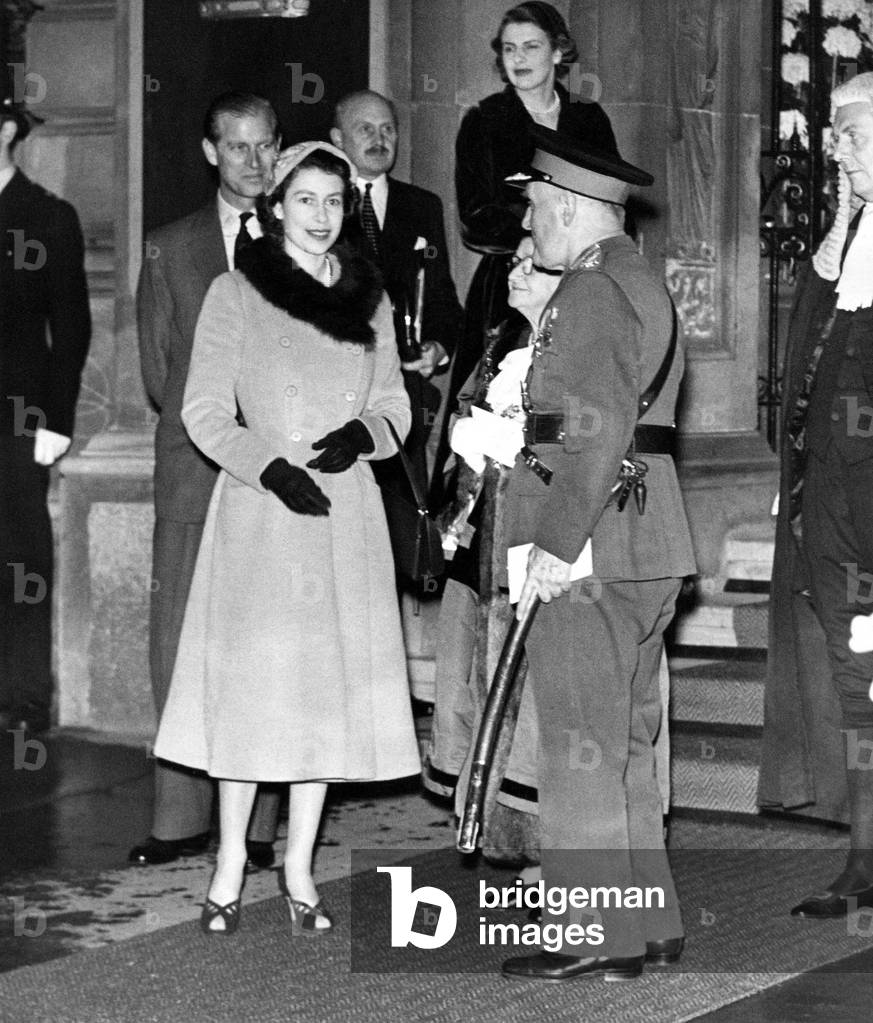 Queen Elizabeth II and Prince Phillip are greeted in Sunderland by the Mayor Jane Huggins and Lord Lawson, 29/10/1954 (b/w photo)