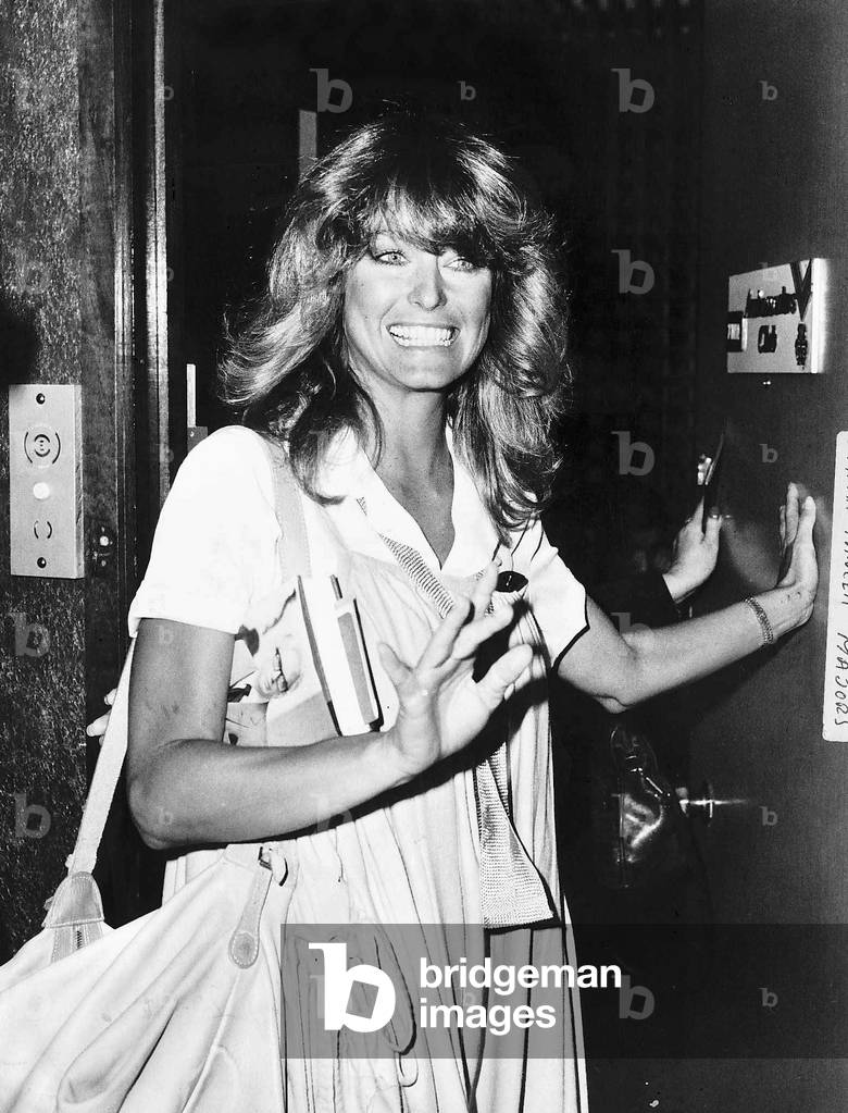 Farrah Fawcett actress at Heathrow Airport, 13th May 1978 (b/w photo)